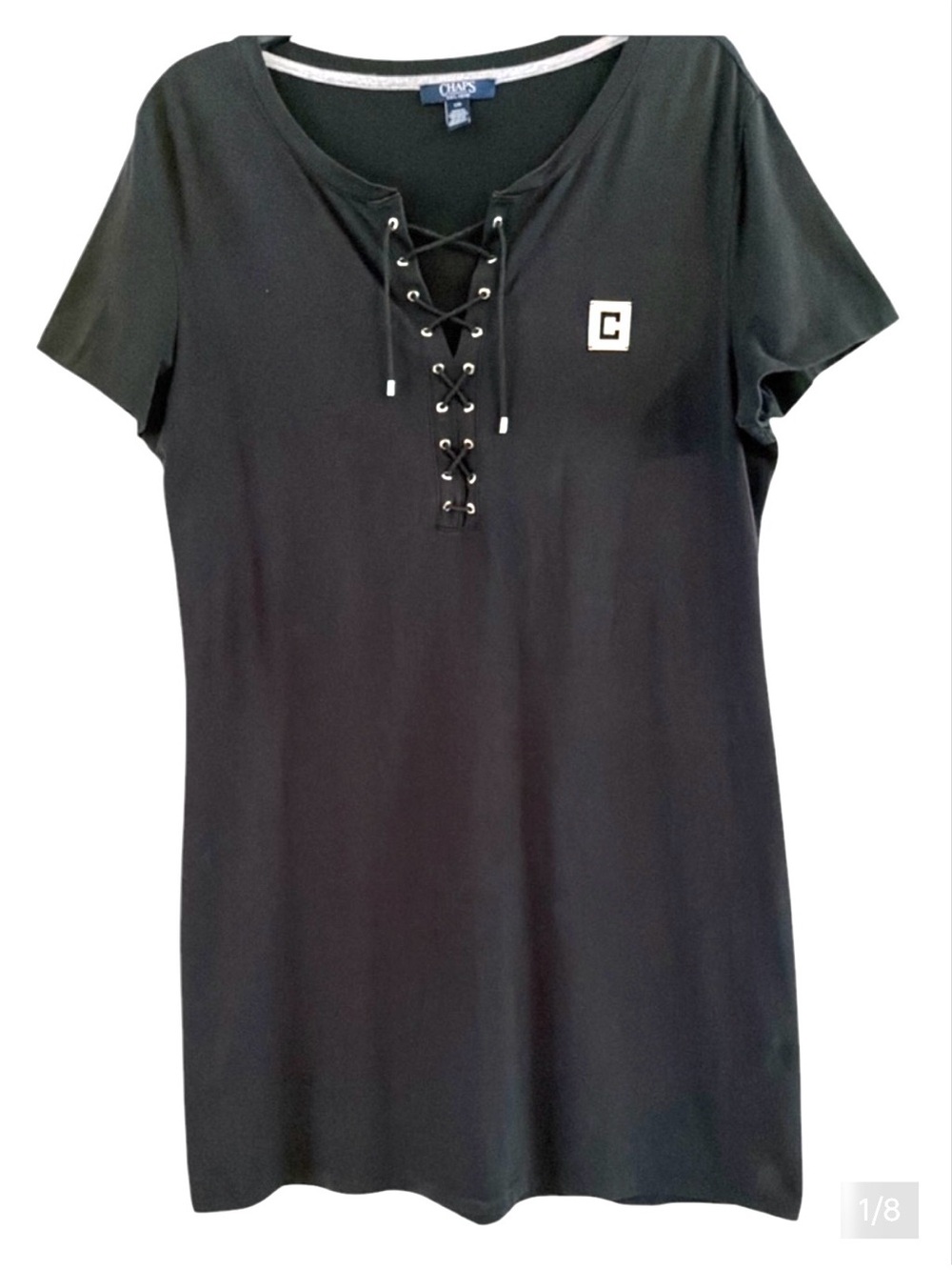 Chaps Black Cotton Spandex Lace Up V Neck Logo Crest Athleisure Dress L